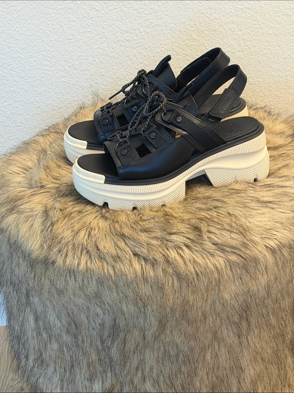 Sorel Black Leather Platform Slingback Sandals with White Lug Sole